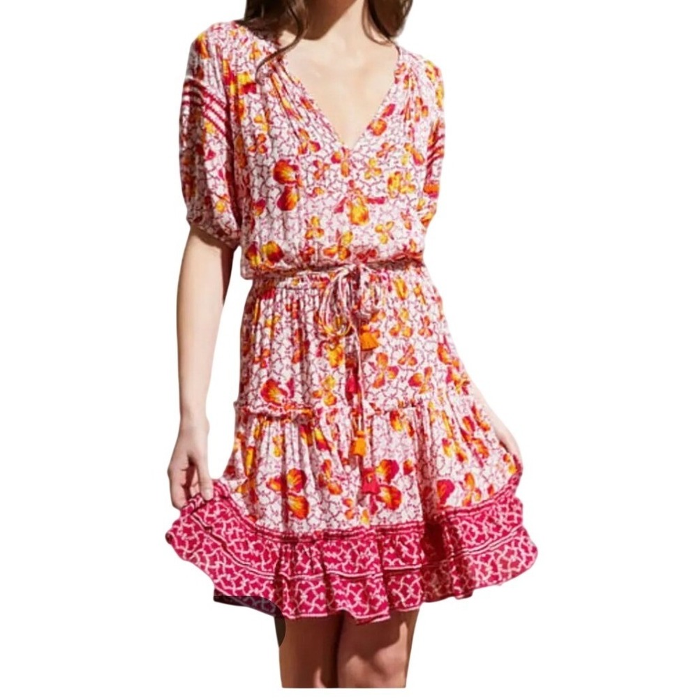 Poupette St Barth Bona V Mini Dress Pink Iris Flower Floral Boho XS NEW Viscose